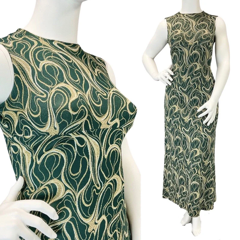 VINTAGE 60s 70s GREEN GOLD WHITE SWIRLING STUDIO 54 SLEEVELESS MAXI DRESS 14 16