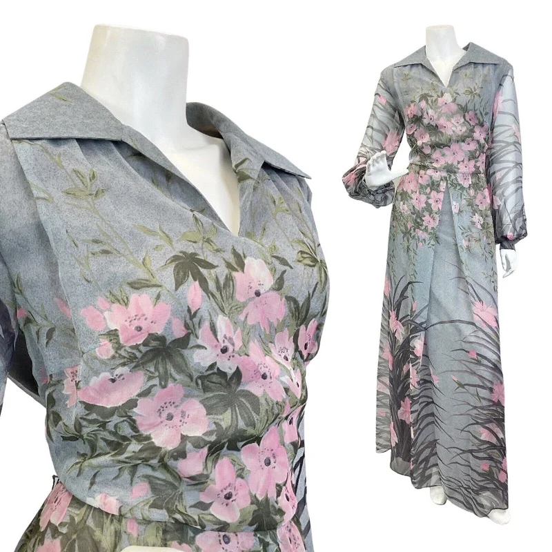 VINTAGE 60s 70s GREY PINK WHITE FLORAL BLOSSOM SHEER SHIRT COLLAR MAXI DRESS 14