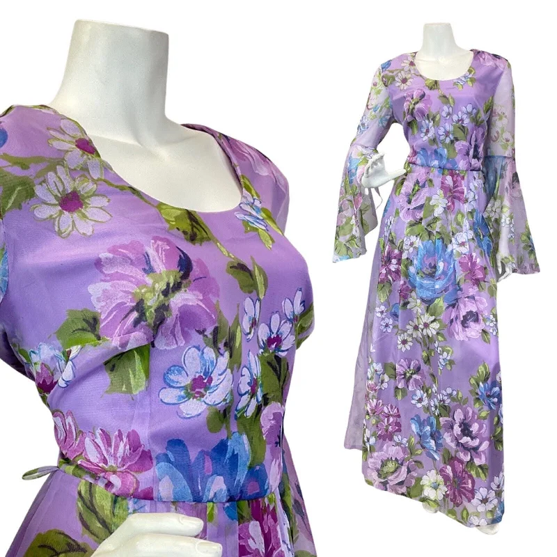 VINTAGE 60s 70s LILAC BLUE GREEN FLORAL SHEER FLOUNCE SLEEVE BOHO MAXI DRESS 12