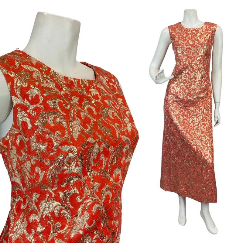 VINTAGE 60s 70s ORANGE GOLD FLORAL SWIRLING BROCADE MOD SLEEVELESS MAXI DRESS 12