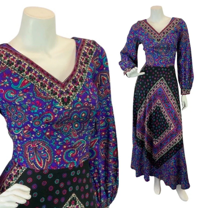 VINTAGE 60s 70s PURPLE BLACK TEAL PAISLEY FLORAL BOHO FOLK MAXI DRESS 10 12