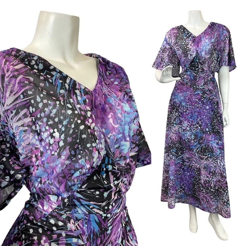 VINTAGE 60s 70s PURPLE BLUE BLACK PSYCHEDELIC FLORAL SHEER MAXI DRESS 18 20