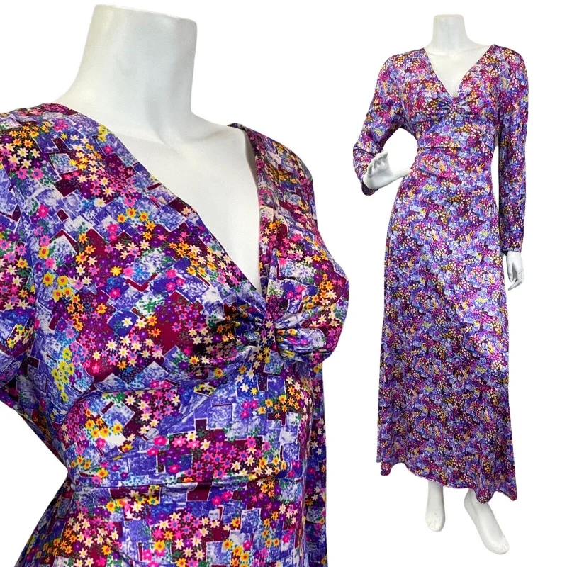 VINTAGE 60s 70s PURPLE PINK YELLOW DITSY FLOWER PSYCHEDELIC MAXI DRESS 10 12