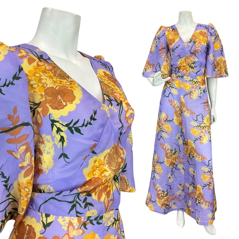 VINTAGE 60s 70s PURPLE YELLOW BROWN FLORAL SUMMER FLARED MAXI DRESS 6 8