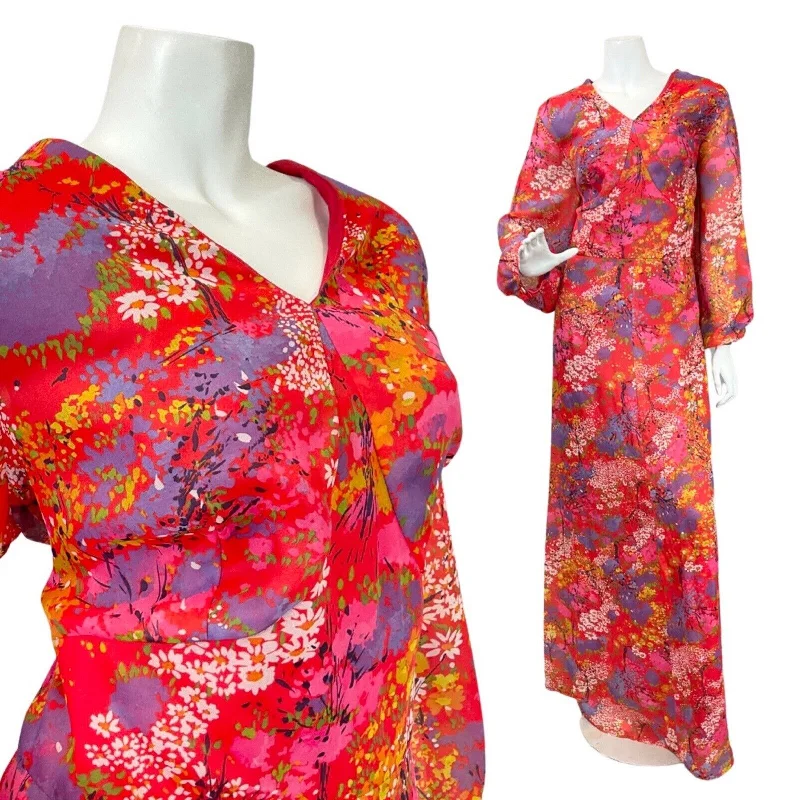 VINTAGE 60s 70s RED PURPLE WHITE DITSY FLORAL PSYCHEDELIC SHEER MAXI DRESS 16 18