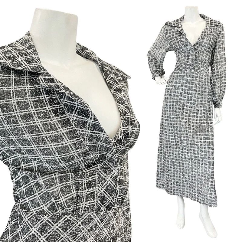 VINTAGE 60s 70s SILVER BLACK GRID CHECKED MOD DAGGER SHIRT MAXI DRESS 12