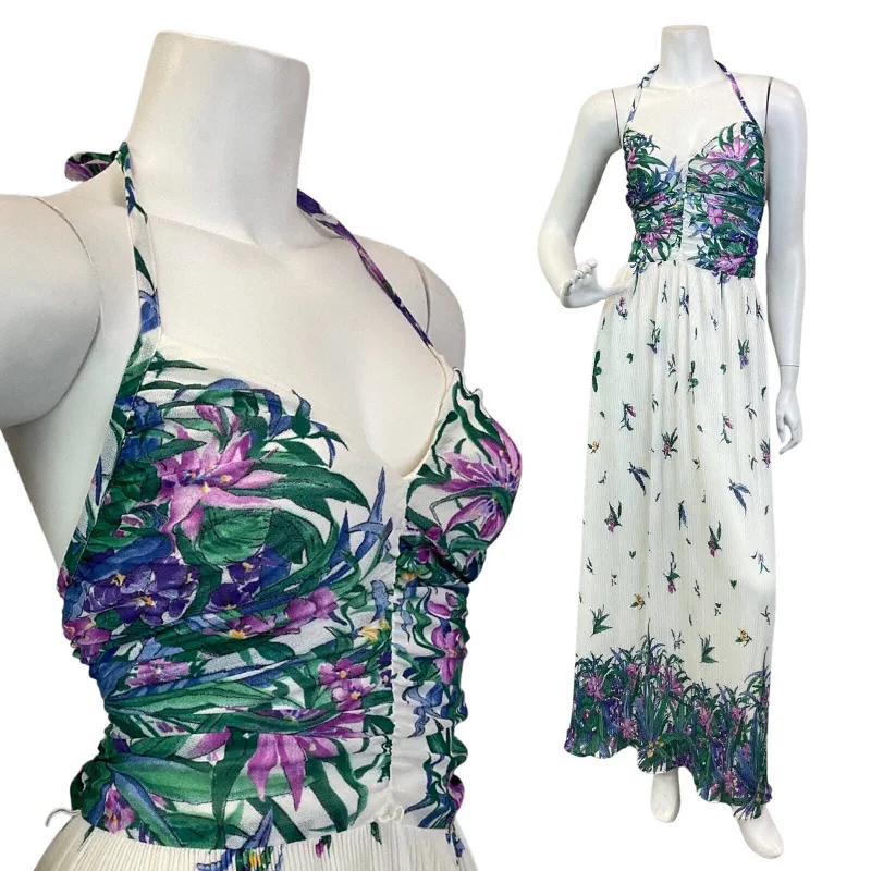 VINTAGE 60s 70s WHITE BLUE PURPLE PLEATED FLORAL SUMMER HALTER MAXI DRESS 10