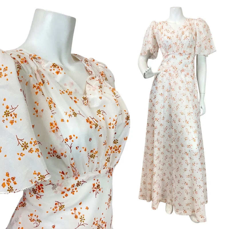 VINTAGE 60s 70s WHITE ORANGE BROWN FLORAL DITSY PRAIRIE BOHO MAXI DRESS 12 14