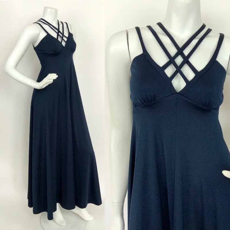 VINTAGE 70s NAVY BLUE STRAPPY CROSS HATCH ELEGANT STUDIO MAXI DRESS 6