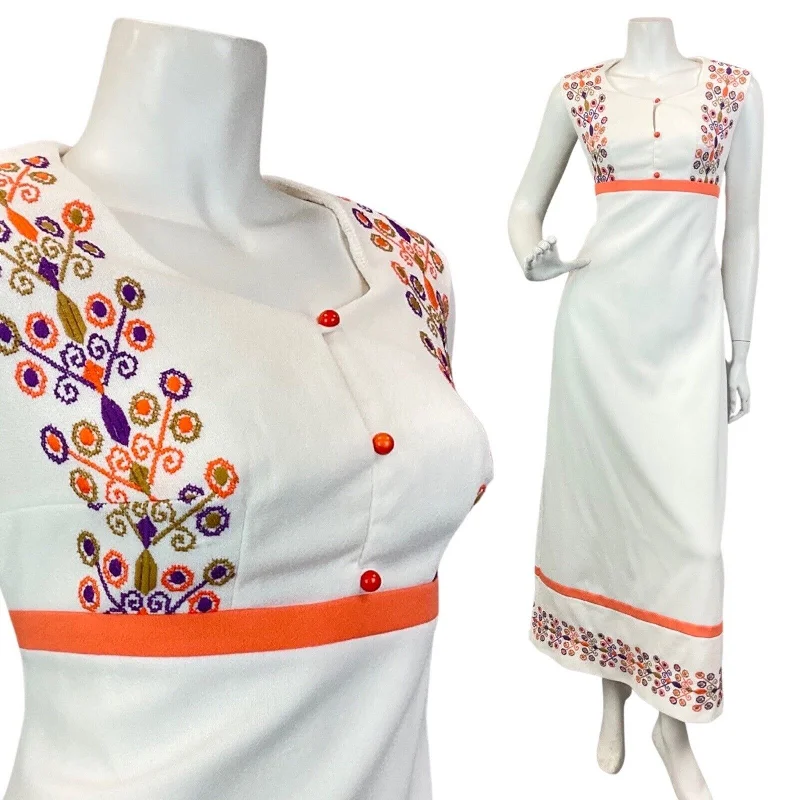 VINTAGE 70s WHITE ORANGE PURPLE CROSS-STITCH EMBROIDERED BOHO MAXI DRESS 10 12