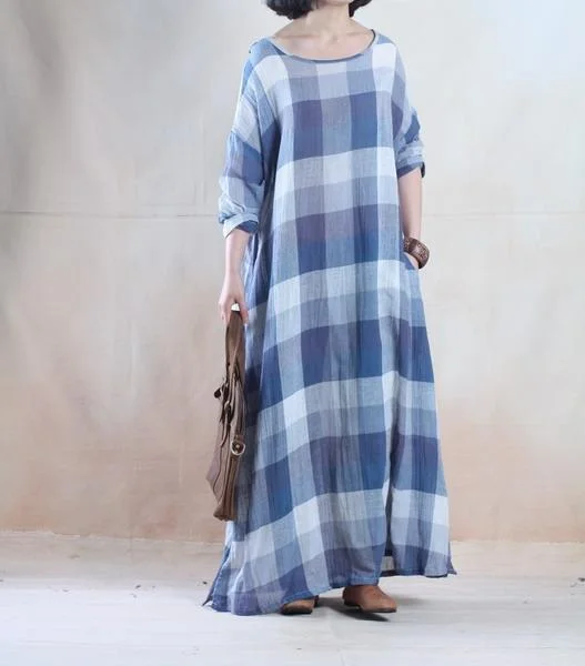 Vintage blue grid long linen maxi dress spring dresses caftan floor length