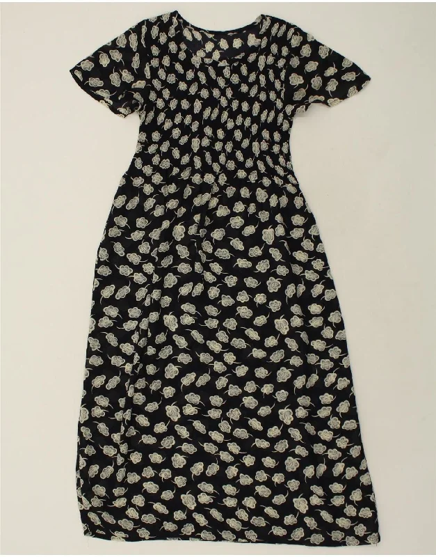 VINTAGE Womens Short Sleeves Maxi Dress UK 12 Medium Black Floral