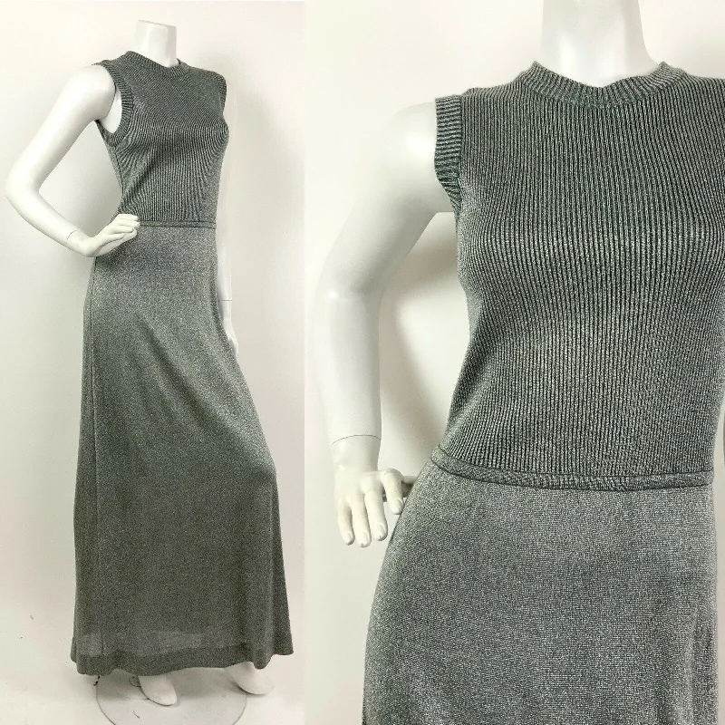 VTG 60s 70s GREY SILVER GLITTER METALLIC PARTY LUREX RIBBED MAXI DRESS 6 8