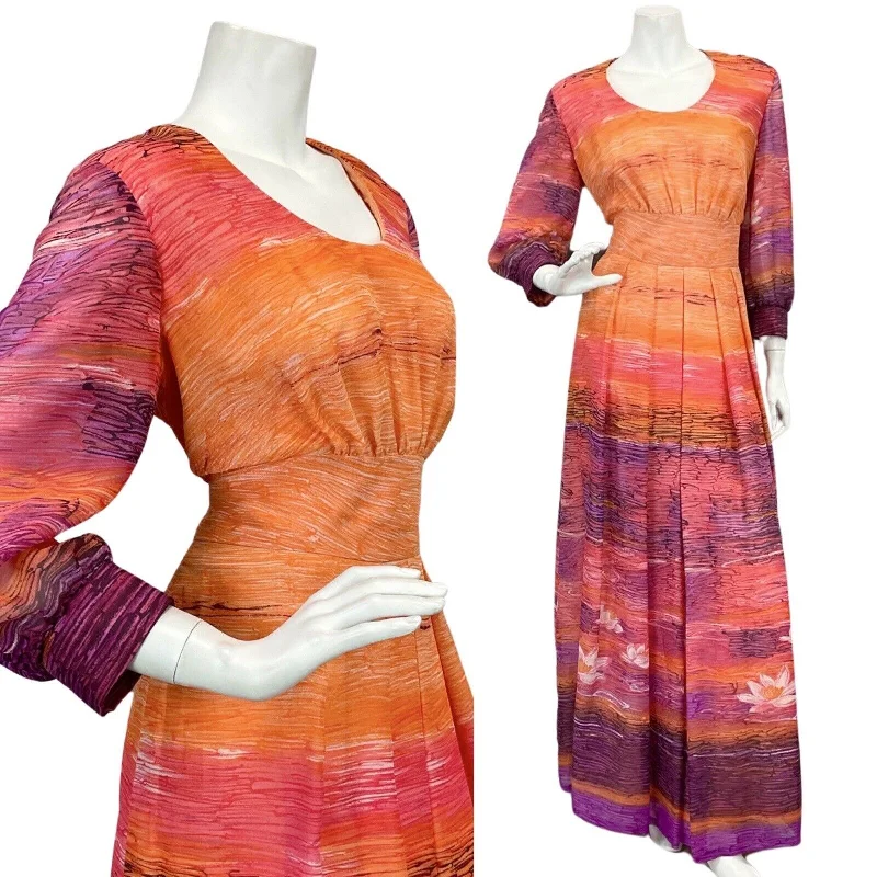 VTG 60s 70s ORANGE PINK PURPLE SUNSET FLORAL BOHO FOLK MAXI DRESS 12 14