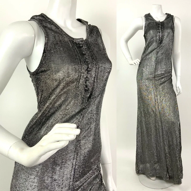 VTG 60s 70s SILVER LUREX GLITTER STUDIO 54 DISCO GLAM SLEEVELESS MAXI DRESS 6