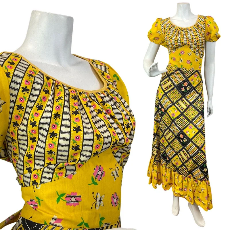 VTG 60s 70s YELLOW BLACK PINK PATCHWORK FLORAL BUTTERFLY MOD FOLK MAXI DRESS 14