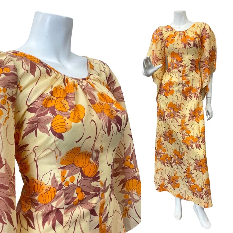 VTG 70s YELLOW ORANGE BROWN FLORAL ANGEL SLEEVE BOHO PRAIRIE MAXI DRESS 10 12