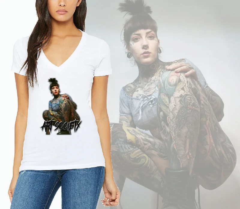 Art Society TATTOOED NATALIE WOMENS V-NECK TEE WHITE Terry Blend Velvet Blend Canvas Blend Art Society TATTOOED NATALIE WOMENS V-NECK TEE WHITE Terry Blend Velvet Blend Canvas Blend