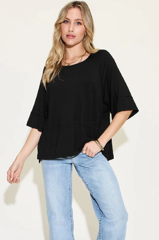 Bamboo Round Neck Exposed Seam T-Shirt Houndstooth Herringbone Solid