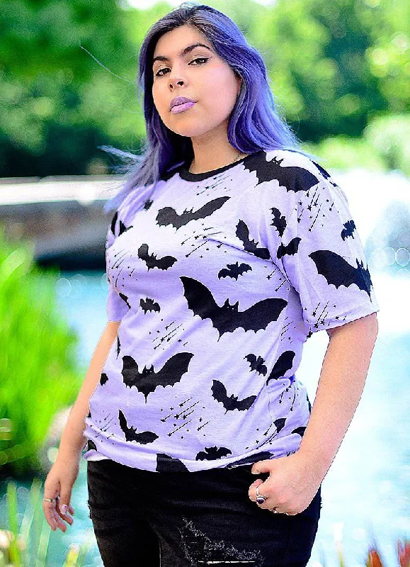Bat Pattern T-Shirt Notch Collar Peter Pan Collar Cowl Neck