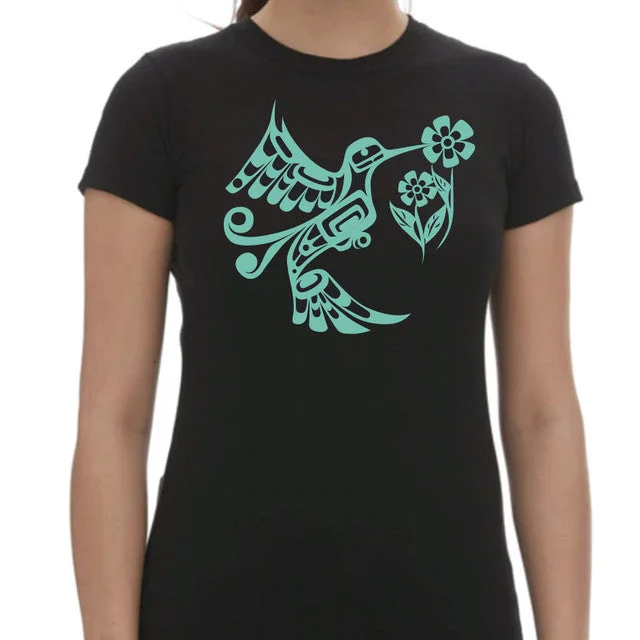 Black With Turquoise Ladies Hummingbird T-Shirt By Francis Dick Embroidered Appliqued Beaded Black With Turquoise Ladies Hummingbird T-Shirt By Francis Dick Embroidered Appliqued Beaded