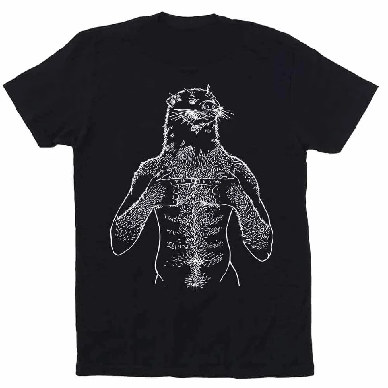 Brian Kenny White Print Otter T-Shirt Hooded Caped Shawl Collar