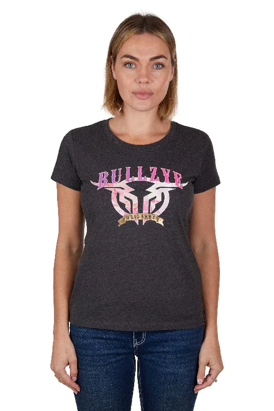 Bullzye Ladies Sunset S/S Tee - Charcoal Marle - B3S2503323 Solid Print Embellished