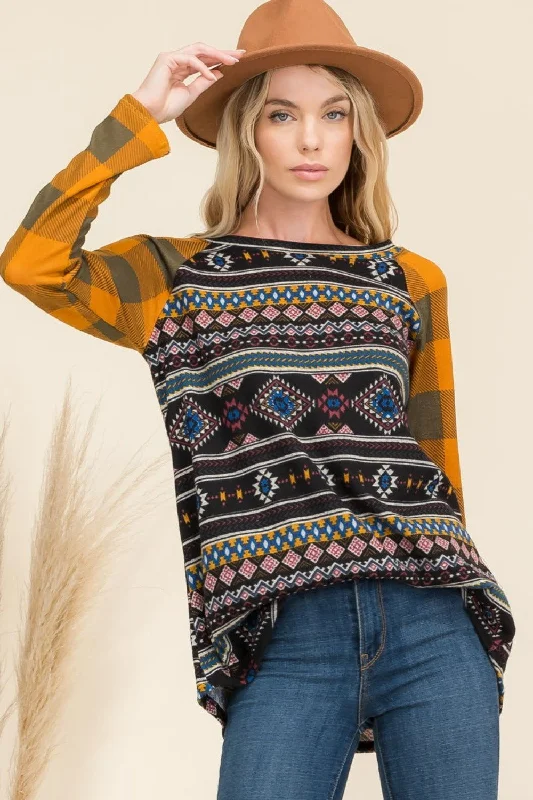 Celeste Full Size Print Contrast Plaid Long Sleeve T-Shirt Striped Floral Plaid