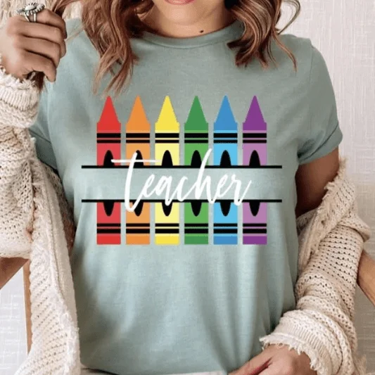 Crayon Teacher Graphic Tee in Heather Green Zippered Front Buttoned Front Snap Front
