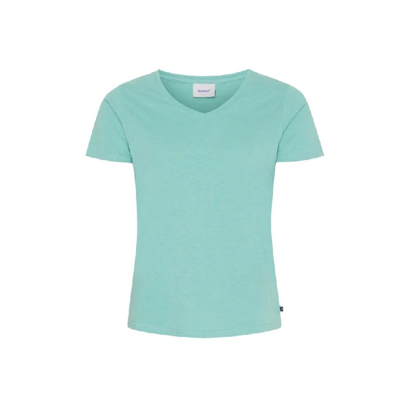 Dorthea Organic Cotton V-Neck tee - Aqua Blue Zippered Front Buttoned Front Snap Front Dorthea Organic Cotton V-Neck tee - Aqua Blue Zippered Front Buttoned Front Snap Front