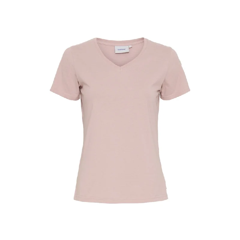 Dorthea Organic Cotton V-Neck tee - Pale Mauve Striped Floral Plaid