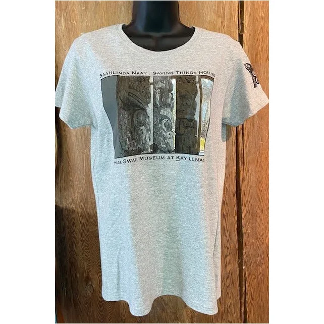Ladies Scoop Neck Haida Gwaii Museum T-Shirt Featuring 3 Poles and Logo Fitted T-Shirt Seamless Stretchy