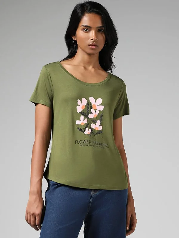 LOV Olive Printed T-Shirt Satin Blend Silk Blend Wool Blend