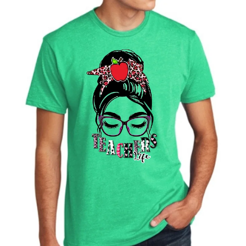 Messy Bun Teacher Life Unisex T-Shirt Notch Collar Peter Pan Collar Cowl Neck