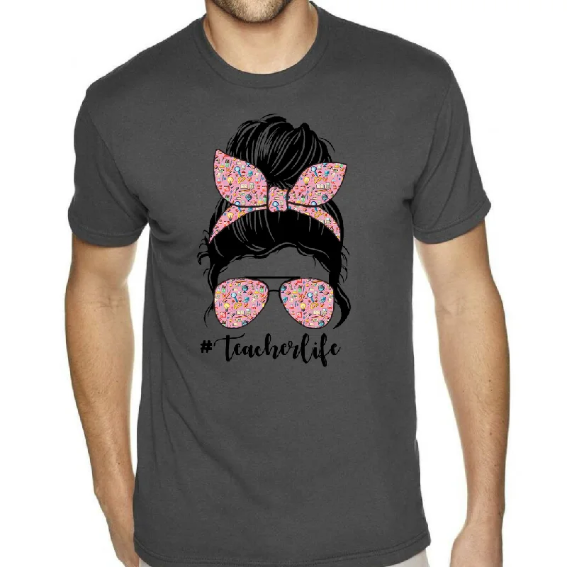 Messy Bun #TeacherLife Unisex T-Shirt Print Jacquard Patchwork