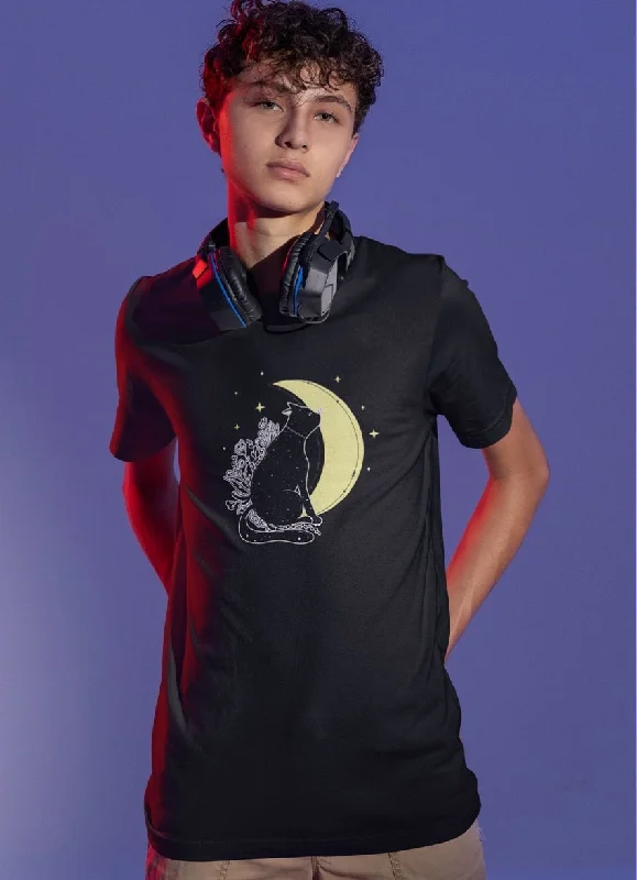 Mystical Moon Cat Graphic T-Shirt Hooded Caped Shawl Collar