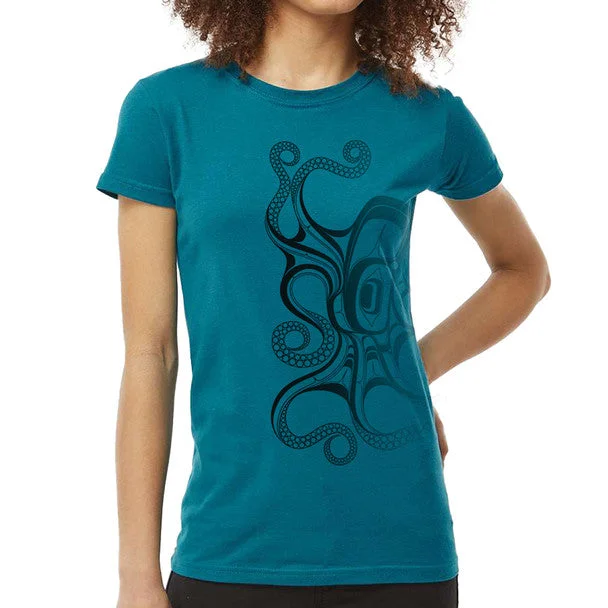 Octopus (Nuu) Ladies Teal T-Shirt by Haida artist Ernest Swanson. Fashionable Trendy Casual Octopus (Nuu) Ladies Teal T-Shirt by Haida artist Ernest Swanson. Fashionable Trendy Casual