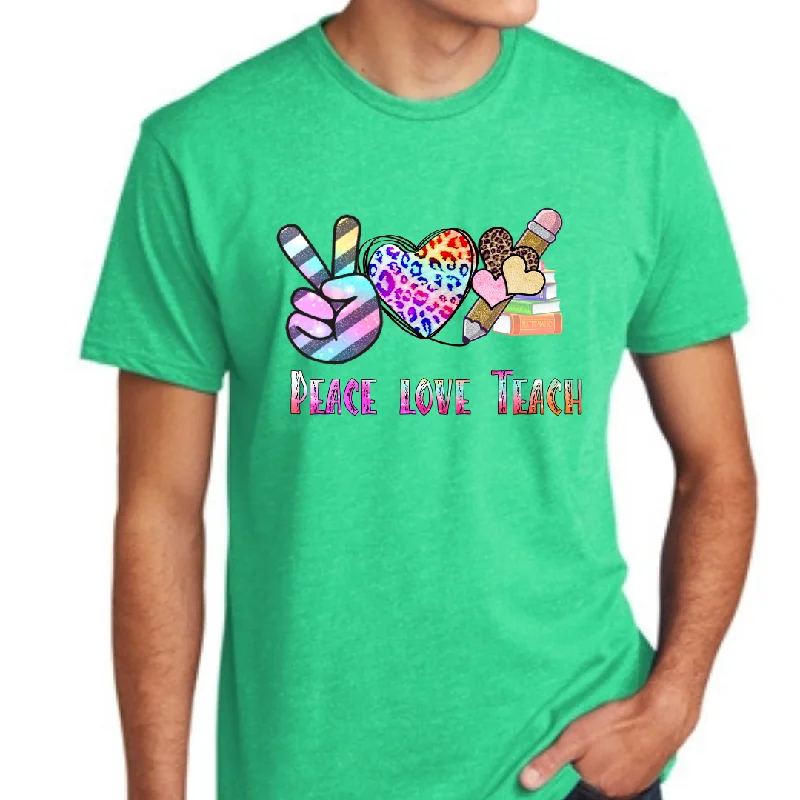 Peace, Love, Teach Cheetah Print Unisex T-Shirt Zippered Front Buttoned Front Snap Front Peace, Love, Teach Cheetah Print Unisex T-Shirt Zippered Front Buttoned Front Snap Front