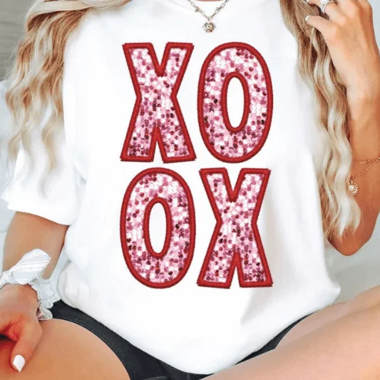 Valentine XOXO Faux Patch T-Shirt Front Pockets Side Pockets Patch Pockets