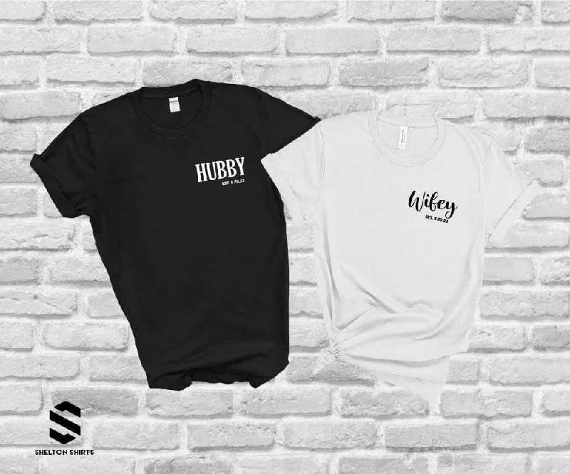 Wifey and Hubby Pocket with Established Wedding Date Newlywed Honeymoon Vacation T-Shirts Chenille Fabric Brocade Fabric Lace Fabric Wifey and Hubby Pocket with Established Wedding Date Newlywed Honeymoon Vacation T-Shirts Chenille Fabric Brocade Fabric Lace Fabric