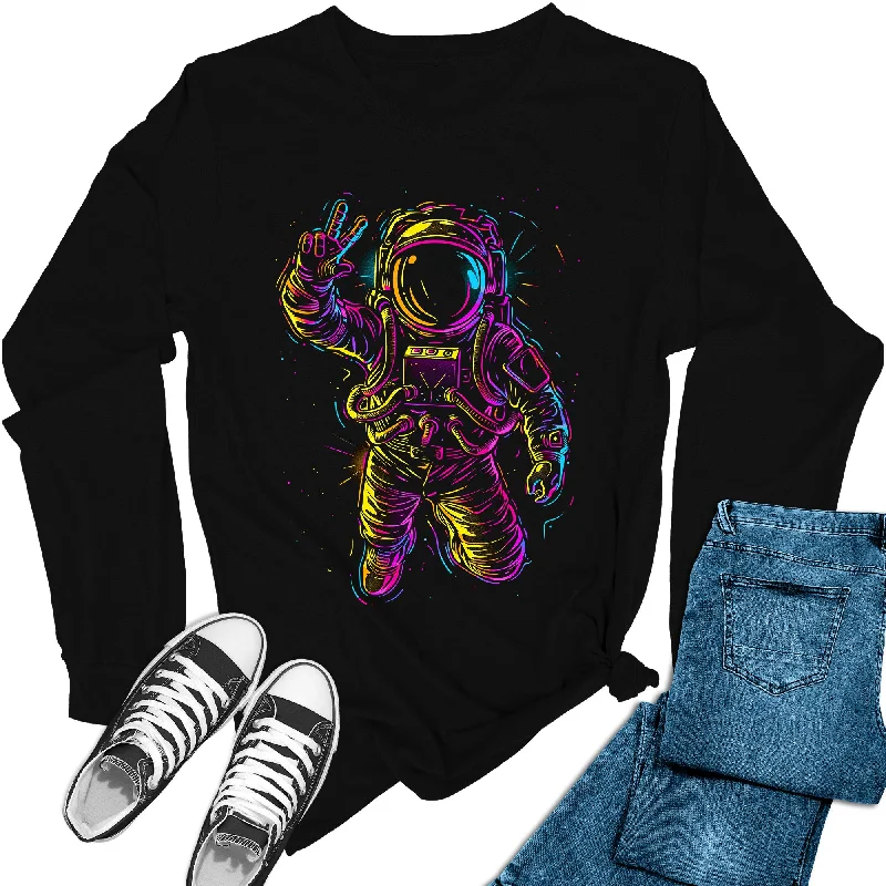 Women's Peace Sign Astronaut Psychedelic Long Sleeve Graphic Tees Satin Fabric Silk Fabric Chiffon Fabric Women's Peace Sign Astronaut Psychedelic Long Sleeve Graphic Tees Satin Fabric Silk Fabric Chiffon Fabric