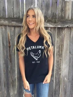 Women's Relaxed Jersey Short Sleeve V-Neck Tee in Black with Chicken Logo Chenille Blend Fleece Blend Nylon Blend Women's Relaxed Jersey Short Sleeve V-Neck Tee in Black with Chicken Logo Chenille Blend Fleece Blend Nylon Blend