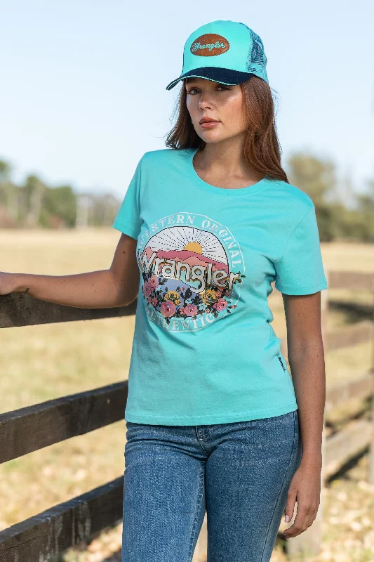 Wrangler Ladies Sara S/S Tee - Aqua - X4S2598143 Zippered Buttoned Snapped