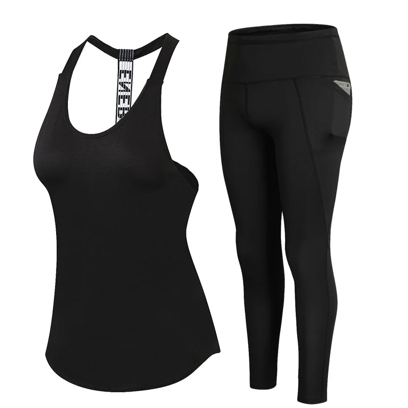 2 Pieces Women Yoga Set Open Back Sleeveless Invisiable Pocket Yoga Pant Top Female T-shirt Sport FitnessTight Leggins Trousers