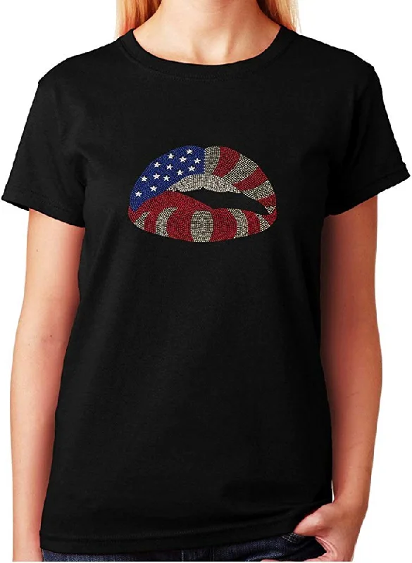 Women's / Unisex T-Shirt with American Flag Lips 4th of July in Rhinestuds