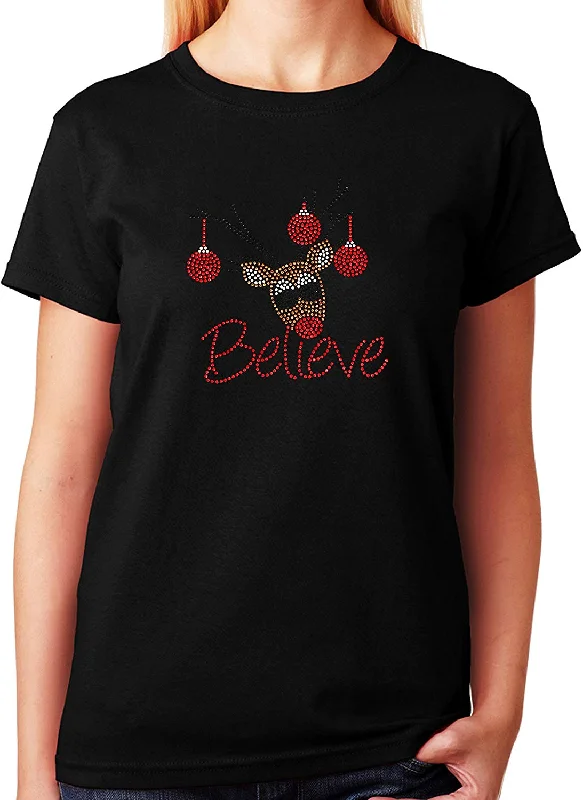 Women's / Unisex T-Shirt with Believe Reindeer In Rhinestuds