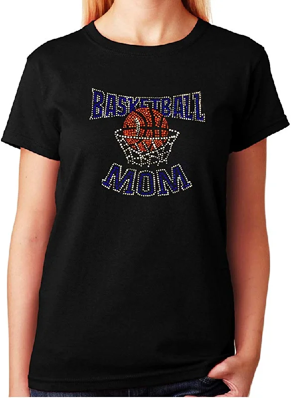 Women's / Unisex T-Shirt with Blue Basketball Mom in Rhinestones