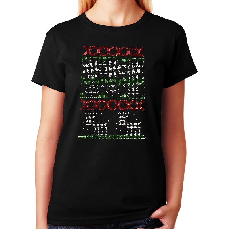 Women's / Unisex T-Shirt with Christmas Ugly Shirt with Reindeer in Rhinestones