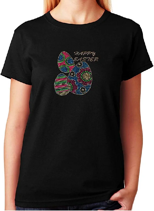 Women's / Unisex T-Shirt with Colorful Happy Easter Eggs in Rhinestones and Rhinestuds