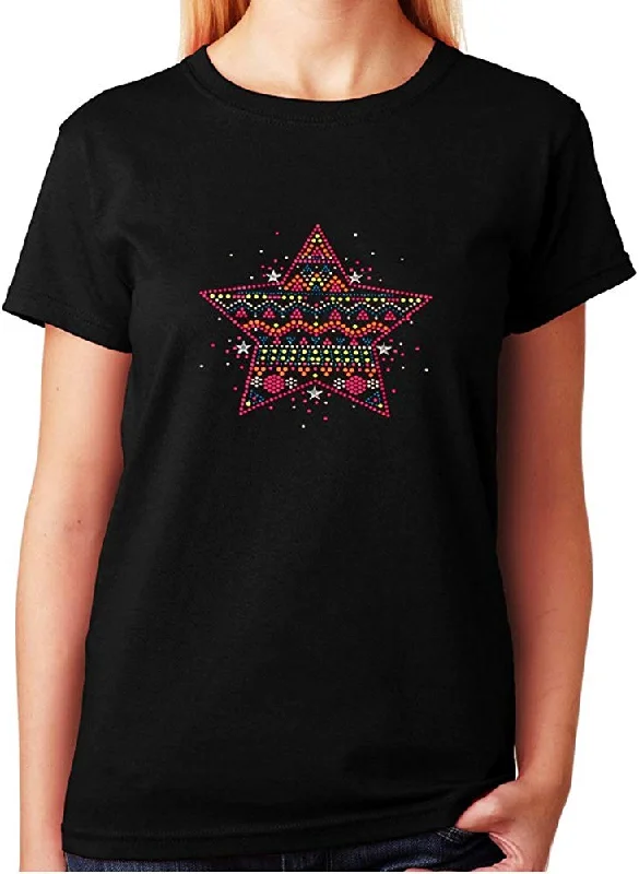 Women's / Unisex T-Shirt with Colorful Neon Star in Rhinestuds